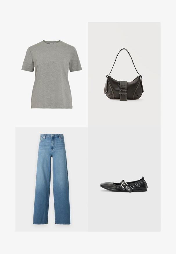 Grå bomulds-T-shirt med klassisk rund hals, korte ærmer og en glat tekstur, egnet til afslappet brug.; Blå denimjeans med høj talje og vide ben, frontknap og lynlås, samt klassisk design med fem lommer.; Sorte læder flade sko med spids tå, samling detaljer omkring åbningen, og en sølv spænde accent på den justerbare rem.; Sort læder skuldertaske med spænde på remmen, afrundede kanter og kontrasterende hvide syninger på en ensfarvet baggrund.