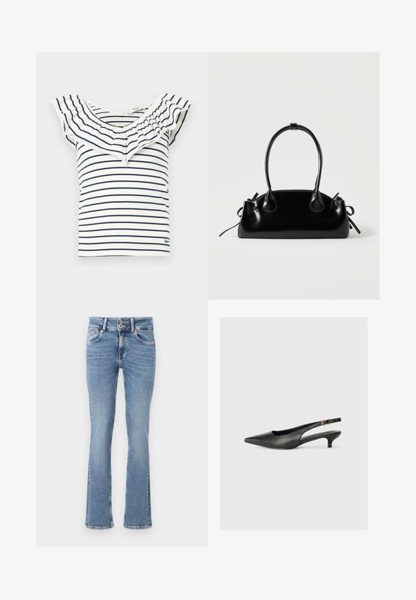 Gestreiftes Oberteil mit Rüschenausschnitt, in marineblauen Streifen auf weißem Hintergrund, aus weichem Stoff mit tailliertem Design.; Flared Jeans aus blauen Denim mit einem mittleren Waschprozess, Knopfverschluss, fünf Taschen-Design und gestickten Details an den Taschen und am Saum.; Schwarzer Slingback-Schuh mit spitzem Zehenbereich aus glattem Leder. Mit einem dünnen Absatz und einer dekorativen Schnalle am verstellbaren Riemen.; Kleine schwarze glänzende Handtasche mit zwei langen Griffen und seitlichen Kordelzug-Details vor einfachem hellem Hintergrund.