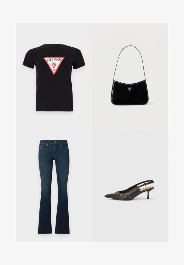 Schwarzes Baumwoll-T-Shirt mit einem dreieckigen roten und weißen Logo, auf dem der Text "GUESS U.S.A." und ein Fragezeichen in der Mitte steht. Kurze Ärmel.; Dunkelblaue, weit ausgestellte Jeans aus Denim, mit einem Bund und einem Frontknopf, schrägen Taschen und dezenten Steppnähten.; Schwarzer Leder-Pumps mit Slingback, spitzer Spitze, kleinem Absatz und dekorativen metallischen Akzenten entlang der vorderen Öffnung. Glatte Textur.; Schwarze Schultertasche aus Lackleder mit schmalem Riemen, dreieckigem Guess-Logo vorne und einem Reißverschluss oben.