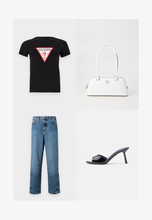 Mustmust värvi puuvillane T-särk, millel on kolmnurkne punane ja valge logo, mille keskel on kirjutatud "GUESS U.S.A." ja küsimärk. Lühikesed varrukad.; Heledad sinine denim põlvpüksid sirge lõikega, millel on tikitud taskud, ees oleva nööbi sulgemine ja minimaalne kulumine kangal.; Mustad lakknahast avatud varbaga kontsaga sandaalid, mis on varustatud kaardus pealse disaini ja kitseneva tikk-kontsaga. Sile, läikiv viimistlus.; Valge nahast käekott, millel on kumer kuju, hõbedane kolmnurkne logo ja lukk. Sile tekstuur ja kaks sangat.