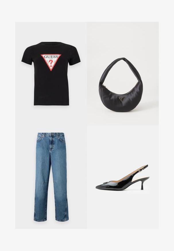 Schwarzes Baumwoll-T-Shirt mit einem dreieckigen roten und weißen Logo, auf dem der Text "GUESS U.S.A." und ein Fragezeichen in der Mitte steht. Kurze Ärmel.; Hellblaue Jeans aus Denim mit geradem Schnitt, ausgestattet mit gestickten Taschen, einem Knopfverschluss vorne und minimaler Ausbleichung des Materials.; Schwarzer Pumps mit Riemchen aus Lackleder, spitz zulaufender Zehenpartie, kleinem Kitten-Heel und silberner Schnalle auf weißem Hintergrund.; Schwarze Satin-Handtasche mit geschwungener Form, ausgestattet mit einem Reißverschluss und einem dreieckigen Metallsymbol auf der Vorderseite. Glatte Textur und elegantes Design.
