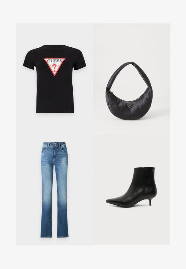 Schwarzes Baumwoll-T-Shirt mit einem dreieckigen roten und weißen Logo, auf dem der Text "GUESS U.S.A." und ein Fragezeichen in der Mitte steht. Kurze Ärmel.; Blaue Jeans mit weitem Bein und hoher Taille, mit leichtem Ausbleichen, zwei Knöpfen und Seitentaschen. Der Stoff hat eine glatte Textur.; Schwarzer Leder-Knöchel-Stiefel mit spitzer Spitze und niedrigem Kittenabsatz vor hellem Hintergrund, seitliche Ansicht.; Schwarze Satin-Handtasche mit geschwungener Form, ausgestattet mit einem Reißverschluss und einem dreieckigen Metallsymbol auf der Vorderseite. Glatte Textur und elegantes Design.