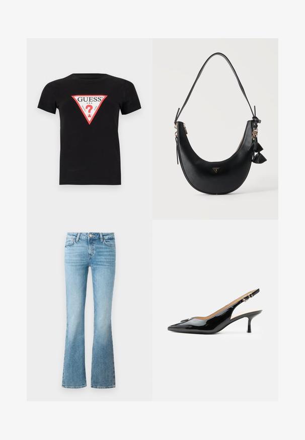Schwarzes Baumwoll-T-Shirt mit einem dreieckigen roten und weißen Logo, auf dem der Text "GUESS U.S.A." und ein Fragezeichen in der Mitte steht. Kurze Ärmel.; Hellblaue Denim-Flares mit Fronttaschen, Gürtelschlaufen und Knopfverschluss.; Schwarzer Pumps mit Riemchen aus Lackleder, spitz zulaufender Zehenpartie, kleinem Kitten-Heel und silberner Schnalle auf weißem Hintergrund.; Schwarze, sichelförmige Schultertasche mit strukturierter Oberfläche, goldfarbenem Reißverschluss, Quastenanhänger und kleinem dreieckigem Guess-Logo in der Mitte vorne.