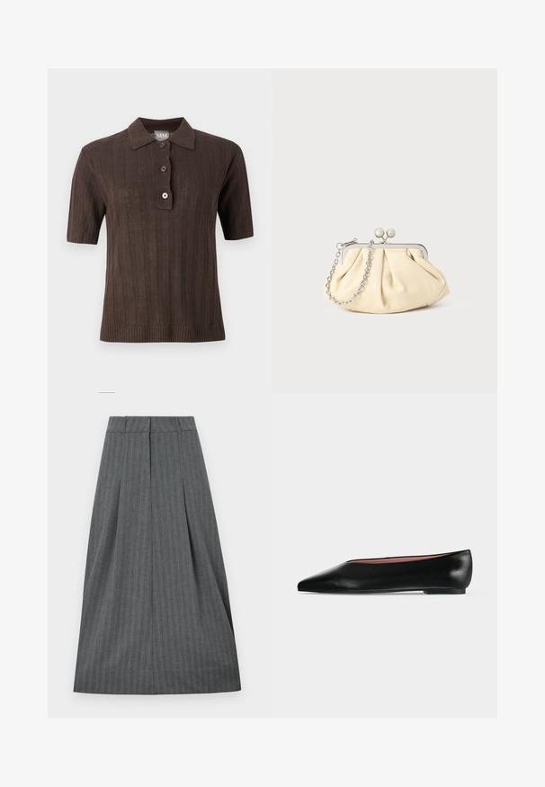 Polo en maille marron foncé à manches courtes avec côtes verticales, patte à trois boutons et col sur fond uni clair.; Jupe plissée grise avec une ceinture ajustée, motif à rayures verticales et silhouette fluide. Texture lisse et longueur au genou.; Chaussure plate en cuir noir pour femme, avec bout pointu et petit talon, vue de côté sur un fond gris clair uni.; Pochette en cuir beige plissé avec un cadre en métal argenté, dotée de deux fermoirs ronds décoratifs et d'une chaîne en argent.