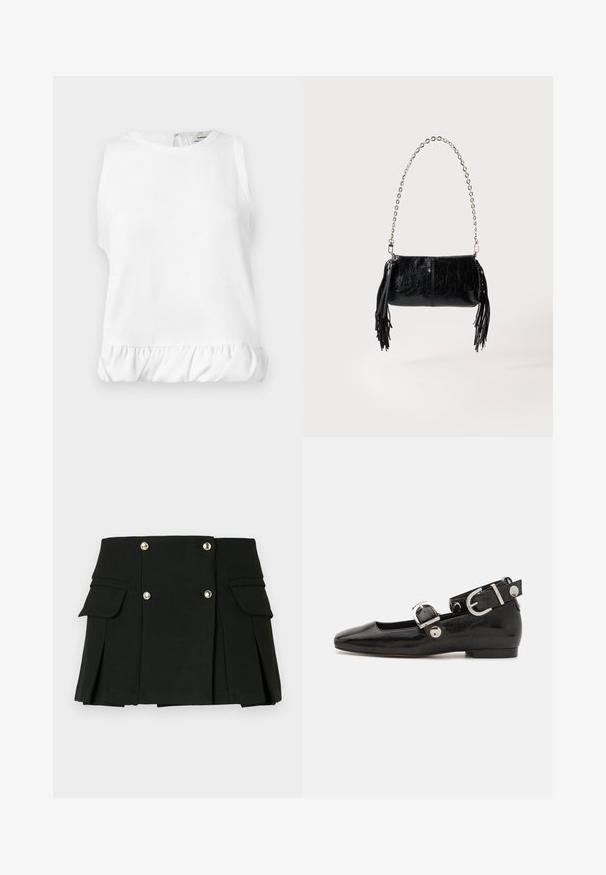 Blouse blanche sans manches avec encolure ronde et ourlet volanté froncé, présentée à plat.; Jupe mini plissée noire en tissu texturé, dotée de deux poches avant et de accents de boutons en ton doré.; Ballerine en cuir verni noir avec un bout carré, sangle de cheville avec des détails en métal argenté et semelle plate. Texture lisse avec un design minimaliste.; Petit sac à main en cuir noir avec bandoulière chaîne argentée et pompons en cuir noir de chaque côté, sur un fond clair uni.