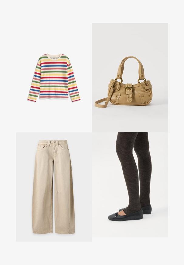 Chemise à manches longues à rayures horizontales rouges, vertes, bleues, jaunes et roses sur fond blanc, col rond.; Jean beige à jambes larges avec cinq poches et coutures visibles aux genoux, présenté à plat sur un fond uni gris clair.; Jambes portant des leggings côtelés foncés associés à des ballerines noires avec de petits détails en nœud sur fond blanc.; Sac à main en cuir beige avec double poignées, boucle en laiton et détails rivetés, ainsi qu'une bandoulière réglable sur fond blanc.