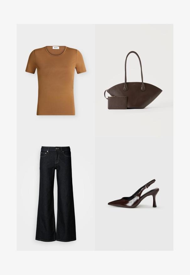T-shirt marron uni à manches courtes avec col rond, présenté à plat sur un fond clair, étiqueté avec une étiquette de marque Modström à l'intérieur du col.; Jean en denim foncé à jambes larges avec une taille haute, un design à cinq poches et une couture contrastée jaune le long des coutures.; Talons slingback en cuir verni brun avec un bout pointu, un talon fin, et une sangle réglable avec une petite boucle.; Sac à main en cuir marron foncé avec longues poignées et petite pochette assortie zippée sur un fond clair uni.