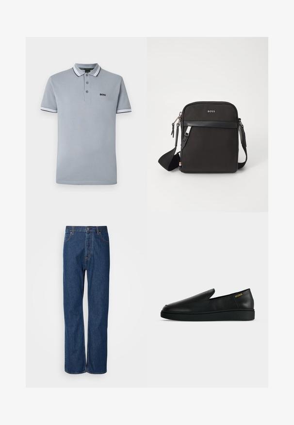 Lysegrå polo skjorte med tre knapper, tofarvet trim på kraven og ærmerne, samt et lille sort "BOSS" logo på brystet.; Blå denim jeans med lige ben, der har en knaplukning, fem lommer og kontraststikninger langs sømmene.; Enkelt sort læder slip-on sko med tyk sål og "HUGO" branding i guld nær hælen på en ensfarvet lysegrå baggrund.; Sort crossbody taske med et struktureret stof, logo på fronten, lynlås lukning og justerbar rem. Har en glat læderkant.