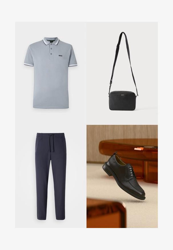 Lichtgrijze polo met drie knopen, bicolor afwerking op de kraag en mouwen, en een klein zwart "BOSS" logo op de borst.; Marine joggingsbroek met een elastische tailleband en trekkoord. Gemaakt van een glad materiaal, met taps toelopende pijpen en zonder zichtbare zakken.; Zwarte leren veterschoen in de stijl van een nette schoen met een gestructureerd vooraanzicht, zwevend boven een beige tapijt in een moderne kamer met amberkleurige meubelen.; Zwarte rechthoekige crossbodytas met verstelbare band en BOSS-logo aan de voorkant, tegen een effen lichte achtergrond.