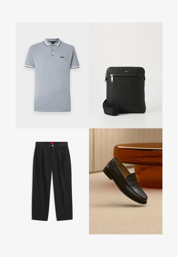Polo de color gris claro con tres botones, ribete bicoloreado en el cuello y las mangas, y un pequeño logotipo negro de "BOSS" en el pecho.; Pantalones negros de talle alto con pliegues delanteros, trabillas para cinturón, cierre con botón y cremallera, y una etiqueta roja en el interior de la cintura.; Zapato mocasín de cuero negro suspendido sobre una alfombra beige con muebles modernos de color ámbar en el fondo.; Bolso bandolera de cuero negro con diseño plano, superficie texturizada, cierre con cremallera, bolsillo frontal y una correa de tela ajustable.