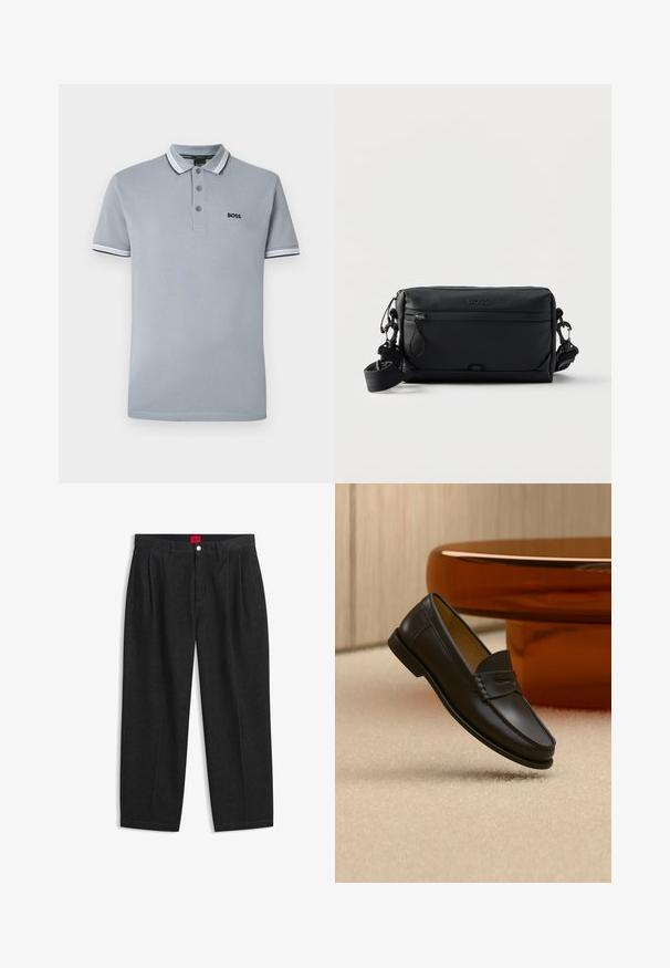 Polo de color gris claro con tres botones, ribete bicoloreado en el cuello y las mangas, y un pequeño logotipo negro de "BOSS" en el pecho.; Pantalones negros de talle alto con pliegues delanteros, trabillas para cinturón, cierre con botón y cremallera, y una etiqueta roja en el interior de la cintura.; Zapato mocasín de cuero negro suspendido sobre una alfombra beige con muebles modernos de color ámbar en el fondo.; Bolso bandolera rectangular negro con bolsillo frontal con cremallera, correa ajustable y logotipo "BOSS" grabado en relieve en la parte superior central.