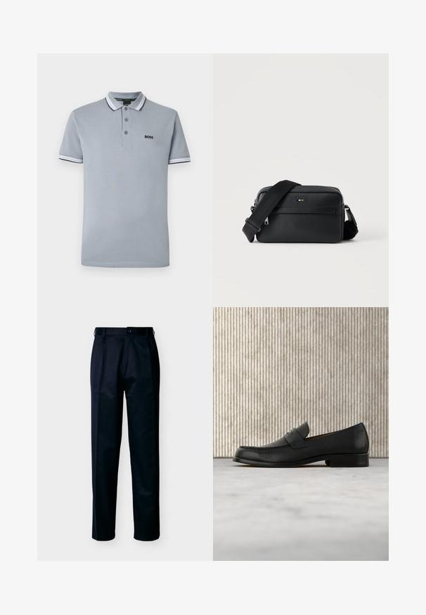 Lysegrå polo skjorte med tre knapper, tofarvet trim på kraven og ærmerne, samt et lille sort "BOSS" logo på brystet.; Herrebukser med lige ben i sort, med knap- og lynlåslukning, bæltestropper og forlommer, vist mod en hvid baggrund.; Sort lædersko i loafer-stil svæver over et beige tæppe med et blankt brunt rundt bord i baggrunden.; Sort tekstureret læder crossbody taske med front lynlåslomme og justerbar bred stofskulderrem på hvid baggrund.