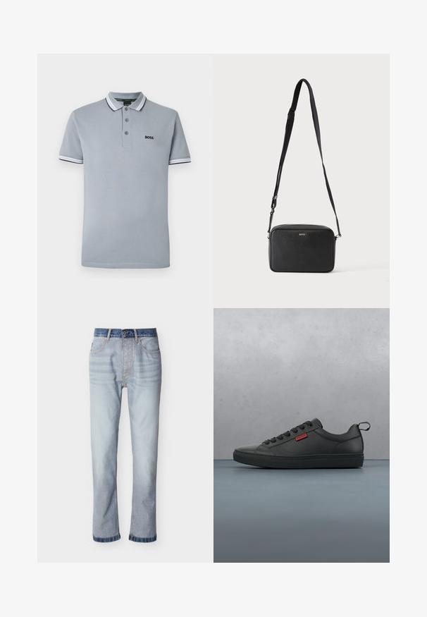 Lysegrå polo skjorte med tre knapper, tofarvet trim på kraven og ærmerne, samt et lille sort "BOSS" logo på brystet.; Lyseblå denimjeans med mørkeblå linning, design med lige ben, fem lommer og synlige syningsdetaljer.; Sorte lavtop sneakers lavet af glat materiale, med rund tå, snøring foran, en tekstureret sål og et lille rødt logo.; Sort rektangulær crossbody taske med justerbar rem og BOSS-logo foran, sat mod en ensfarvet lys baggrund.