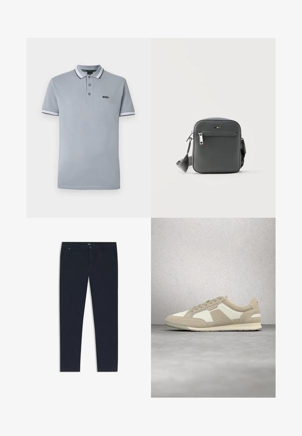 Polo gris clair avec trois boutons, bordure bicolore sur le col et les manches, et un petit logo noir "BOSS" sur la poitrine.; Pantalon bleu marine en tissu léger, avec une coupe droite, des poches latérales et une fermeture à bouton à l'avant avec un détail de marque.; Baskets décontractées beige et blanches avec lacets, panneaux en daim et en cuir, flottant au-dessus d'un sol en béton poli près de blocs de verre.; Petit sac bandoulière noir BOSS avec poche zippée à l'avant, sangle réglable et surface en cuir texturé sur fond blanc uni.