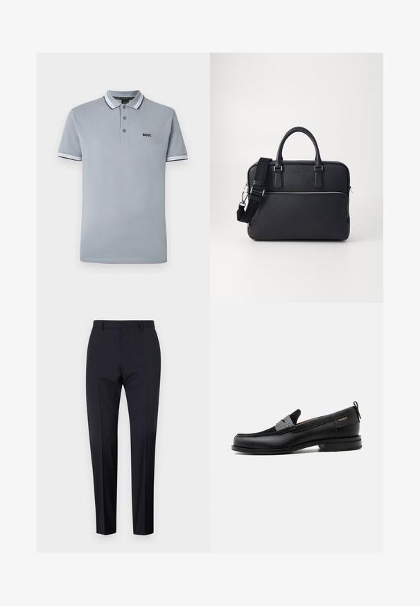 Polo de color gris claro con tres botones, ribete bicoloreado en el cuello y las mangas, y un pequeño logotipo negro de "BOSS" en el pecho.; Pantalones de traje en color navy, de tiro plano, corte slim, con trabillas para cinturón y bolsillos laterales. Tejido suave con un acabado nítido, sin patrones ni acentos visibles.; Mocasín de cuero negro con detalle de tira gris, tacón bajo y suela texturizada, con la marca "HUGO" en oro en el lateral.; Maletín de cuero negro con un acabado texturizado, asas superiores dobles, correa de hombro ajustable y detalle de cremallera plateada en la parte frontal.