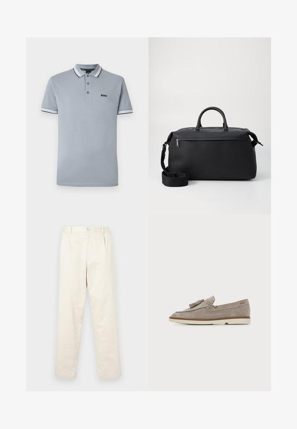 Polo de color gris claro con tres botones, ribete bicoloreado en el cuello y las mangas, y un pequeño logotipo negro de "BOSS" en el pecho.; Chinos de algodón color beige claro con un diseño de pierna recta, que presentan un cierre de botón y dos bolsillos laterales. Textura suave sin patrones visibles.; Mocasín de ante marrón claro para hombre con detalle de borla y suela de goma crema, vista lateral sobre fondo liso.; Bolsa de viaje de cuero negro con dos asas superiores, una correa de hombro desmontable y un bolsillo frontal con cremallera para almacenamiento adicional.