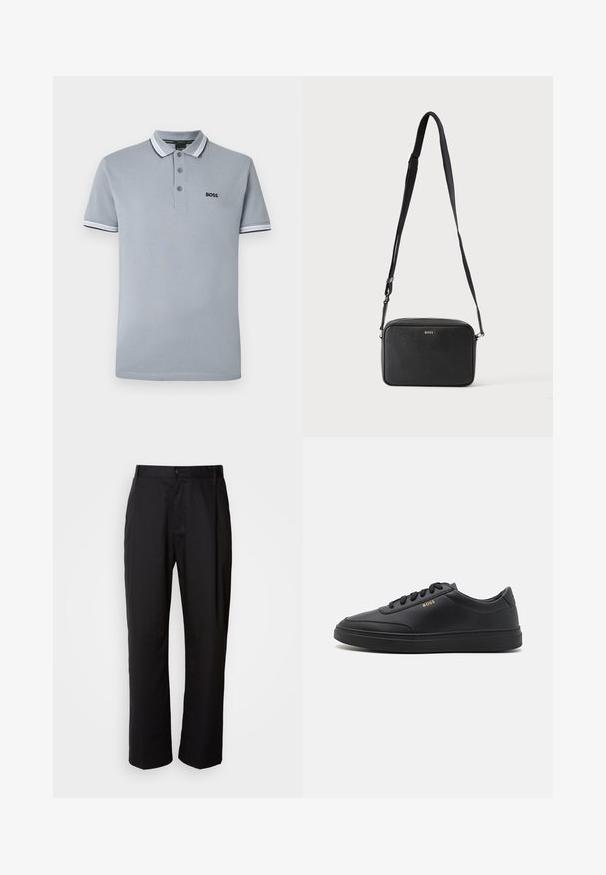 Lichtgrijze polo met drie knopen, bicolor afwerking op de kraag en mouwen, en een klein zwart "BOSS" logo op de borst.; Zwarte broek met een rechte snit, gemaakt van lichtgewicht stof. Heeft een frontale knoopsluiting en twee zijzakken; gladde textuur.; Zwarte leren sneakers met een gladde textuur, ronde neus, platte rubberen zool en tonale veters. Kenmerkt zich door de gouden "BOSS" branding aan de zijkant.; Zwarte rechthoekige crossbodytas met verstelbare band en BOSS-logo aan de voorkant, tegen een effen lichte achtergrond.
