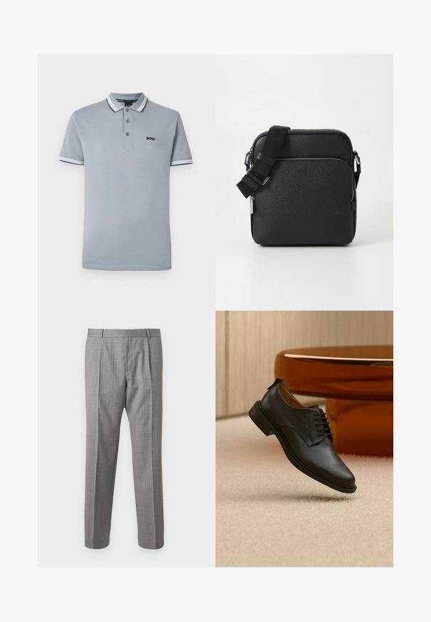 Polo gris clair avec trois boutons, bordure bicolore sur le col et les manches, et un petit logo noir "BOSS" sur la poitrine.; Pantalon gris à rayures fines avec une coupe ajustée, présentant des plis avant, des passants de ceinture et une texture lisse. Design à jambes droites, ourlets nets.; Chaussure habillée pour homme en cuir noir à lacets flottant au-dessus d'un tapis beige, avec une table basse ronde marron en arrière-plan.; Sac bandoulière en cuir noir avec une surface texturée, doté d'une poche zippée à l'avant, d'une bandoulière ajustable et d'accents en métal.