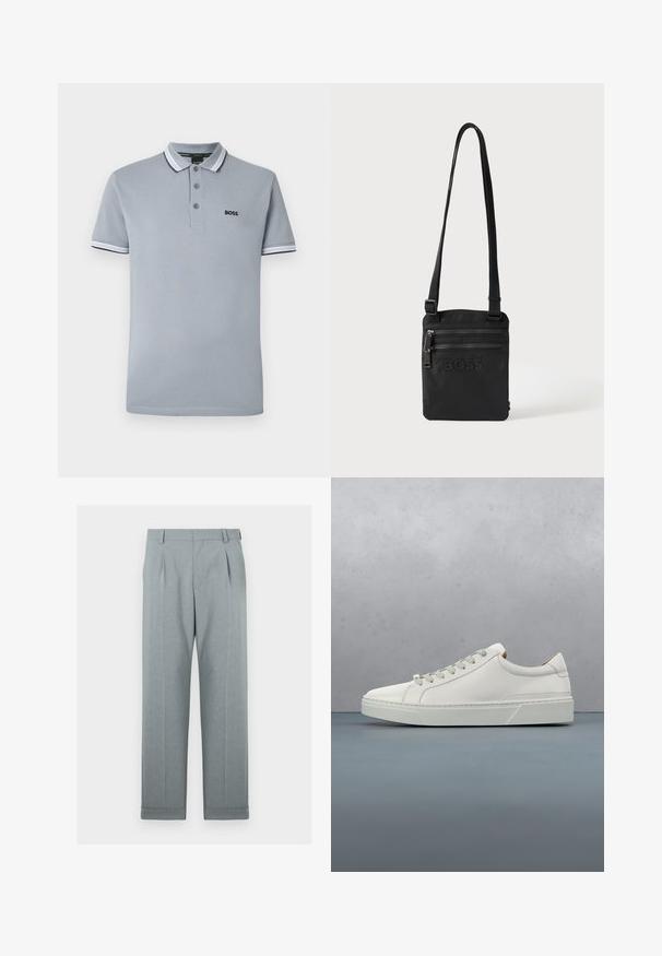 Lysegrå polo skjorte med tre knapper, tofarvet trim på kraven og ærmerne, samt et lille sort "BOSS" logo på brystet.; Lysgrå bukser lavet af et tekstureret stof med lige ben, enkel plissering og opfoldede kanter. Minimalistisk og skræddersyet udseende.; Hvid lædersneaker med rund tå, minimalistisk design, grå snørebånd og en tekstureret grå gummisål. Subtile syningsdetaljer er synlige.; Sort crossbody taske med to forreste lynlåslommer og præget "BOSS" logo, med justerbar skulderrem.