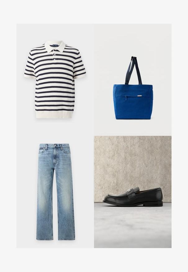 Polo rayé avec des bandes alternées bleu marine et crème, manches courtes, col côtelé et patte de boutonnage à trois boutons. Texture tricotée.; Jean droit en denim bleu clair avec taille haute, cinq poches, fermeture à boutons et léger délavage sur les cuisses et les genoux.; Mocassin en cuir noir avec une plaque de marque en métal reposant près d'une table ronde marron sur un sol recouvert de moquette beige.; Sac fourre-tout en toile bleue avec une poche zippée à l'avant, des doubles bretelles et une forme rectangulaire. Dispose d'une étiquette de marque discrète.