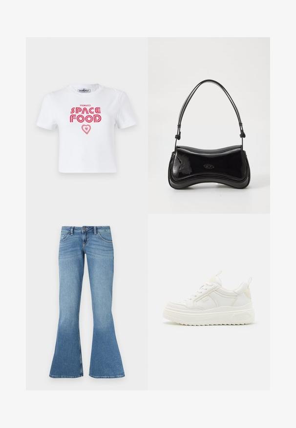 Weißes Baumwoll-T-Shirt mit rotem grafischem Text, der "SPACE FOOD" mit einem Herzakzent liest, kurze Ärmel und Rundhalsausschnitt.; Blaue Denim-Flared-Jeans mit hoher Taille, fünf Taschen, kontrastierenden Nähten und einem leichten Farbverlauf zum Saum hin.; Weiße Leder-Sneaker mit einer klobigen Sohle, Schnürdesign und dezentem Branding. Sie verfügen über eine glatte Textur und eine abgerundete Zehenpartie.; Schwarze Handtasche aus lackiertem Leder mit einer geschwungenen Form, einem einzelnen Griff und einem runden Boden. Verfügt über ein dezentes Logo-Detail auf der Vorderseite.