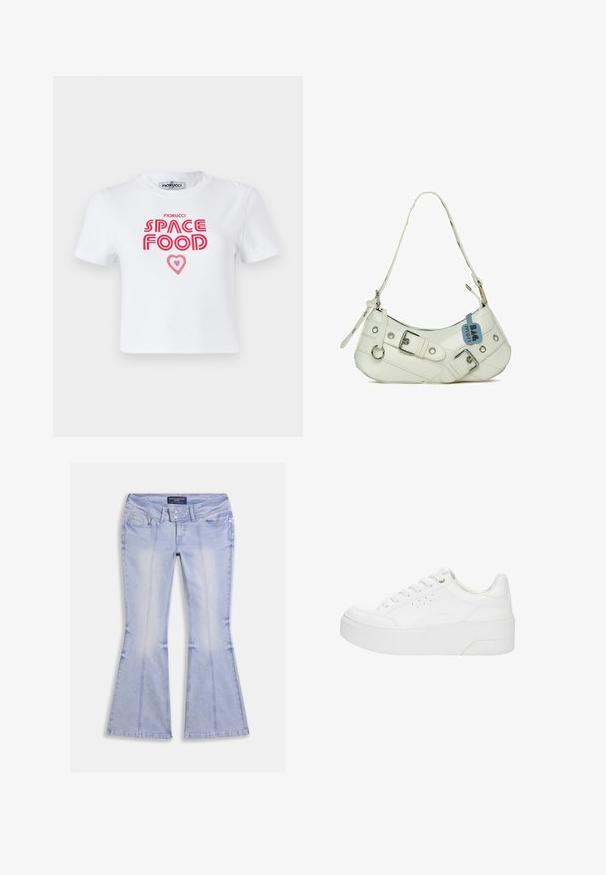 Weißes Baumwoll-T-Shirt mit rotem grafischem Text, der "SPACE FOOD" mit einem Herzakzent liest, kurze Ärmel und Rundhalsausschnitt.; Hellblaue Schlagjeans mit vorderen und hinteren Taschen, doppelter Knopfverschluss und sichtbaren Nahtnähten überall.; Weißer Plateau-Sneaker mit Schnürung vorne, perforierten Seitendetails und dicker Sohle, von der Außenseite vor weißem Hintergrund gezeigt.; Weißer synthetischer Handtasche mit geschwungener Silhouette, verstellbarem Tragegurt, dekorativer Schnalle, silberner Hardware und einem anhängenden blauen Etikett.