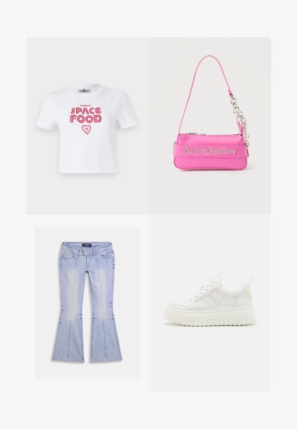 Hvid bomulds t-shirt med rød grafisk tekst, der siger "SPACE FOOD" med et hjerteaccent, korte ærmer og rund halsudskæring.; Lyseblå flare jeans med lommer foran og bagpå, dobbelt knaplukning og synlige sømme hele vejen rundt.; Hvide lædersneakers med en kraftig sål, snørebåndsdesign og subtil branding. Har en glat overflade og rund tå.; Lille lys pink Juicy Couture håndtaske med sølvkædedetalje og logotekst på forsiden, enkelt smalt skulderrem.