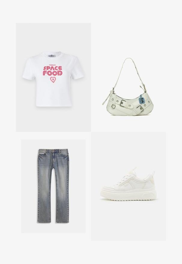 Hvid bomulds t-shirt med rød grafisk tekst, der siger "SPACE FOOD" med et hjerteaccent, korte ærmer og rund halsudskæring.; Lyseblå denimjeans med lige ben, falmet tekstur, fem lommer og kontrasterende syning.; Hvide lædersneakers med en kraftig sål, snørebåndsdesign og subtil branding. Har en glat overflade og rund tå.; Hvid syntetisk håndtaske med en buet silhuet, justerbar rem, dekorativ spænde, sølv hardware og et blåt mærke fastgjort.