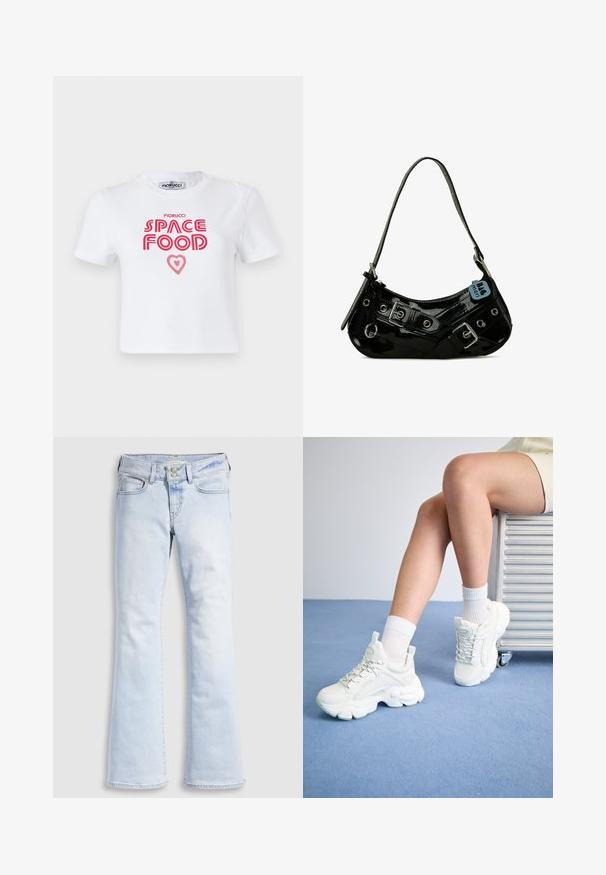 Hvid bomulds t-shirt med rød grafisk tekst, der siger "SPACE FOOD" med et hjerteaccent, korte ærmer og rund halsudskæring.; Lyseblå denim jeans med vide ben og høj talje, med knaplukning, fem lommer og subtile slidmærker ved hofterne.; Hvide snøre-sneakers med en chunky sål, der har glat syntetisk materiale, teksturerede detaljer og en løkke på hælen.; Sort lakeret skuldertaske med en buet form, udsmykket med sølvhardware, dekorative spænder og en kort rem. Blå mærkat vedhæftet.