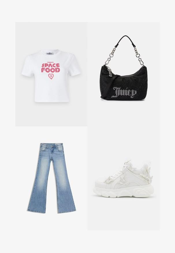 Weißes Baumwoll-T-Shirt mit rotem grafischem Text, der "SPACE FOOD" mit einem Herzakzent liest, kurze Ärmel und Rundhalsausschnitt.; Hellblaue Jeans aus Denim mit hoher Taille, vorderen Taschen und ausgestellten, weiten Beinen, flach auf einem weißen Hintergrund liegend.; Weißer klobiger Sneaker mit dicker Sohle und dekorativen 3D-Schmetterlingsakzenten an der Seite, den Schnürsenkeln und der Ferse.; Schwarze Tasche mit Strassverzierungen, gebogener Form und silberner Kettenhandgriff. Verfügt über einen Reißverschluss und das "Juicy"-Logo in Weiß.