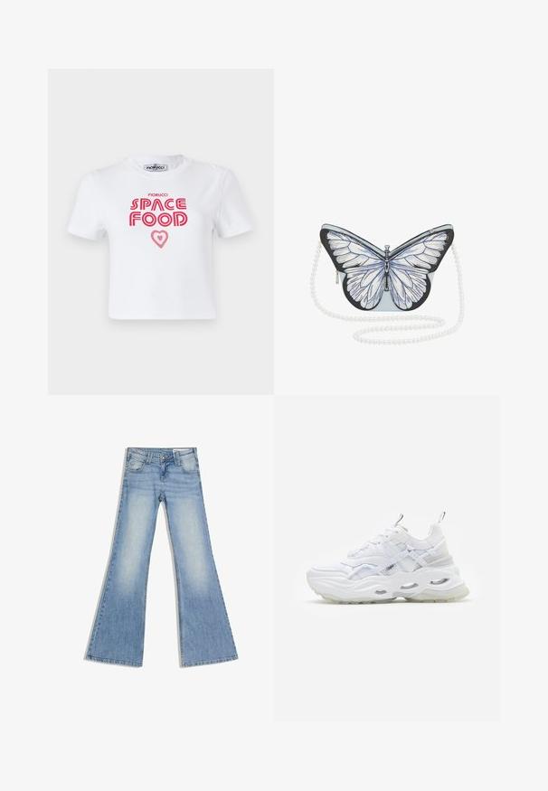 Hvid bomulds t-shirt med rød grafisk tekst, der siger "SPACE FOOD" med et hjerteaccent, korte ærmer og rund halsudskæring.; Lyseblå cowboybukser med høj talje, forlommer og vide, udvidede ben, lagt fladt på en hvid baggrund.; Hvide sneakers med en kraftig sål, lagdelt mesh og syntetisk overdel, med mønstrede detaljer, snøresystem og hæl-dragtag.; Sølvformet håndtaske med lyseblå krop, detaljerede hvide vinger, sorte accenter og en perle-lignende kædetræk. Lynlåslukning på siden.