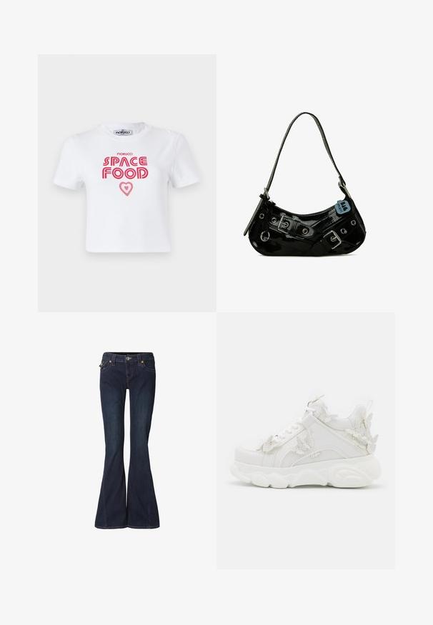 Weißes Baumwoll-T-Shirt mit rotem grafischem Text, der "SPACE FOOD" mit einem Herzakzent liest, kurze Ärmel und Rundhalsausschnitt.; Ausgestellte dunkelblaue Jeans aus Denim mit tailliertem Bund, zwei Vordertaschen und dezenten Stickdetails. Mit Knopf- und Reißverschluss.; Weißer klobiger Sneaker mit dicker Sohle und dekorativen 3D-Schmetterlingsakzenten an der Seite, den Schnürsenkeln und der Ferse.; Schwarze Lackleder-Handtasche mit geschwungener Form, ausgestattet mit silbernem Beschlag, dekorativen Schnallen und einem kurzen Griff. Blaue Anhängeschild befestigt.