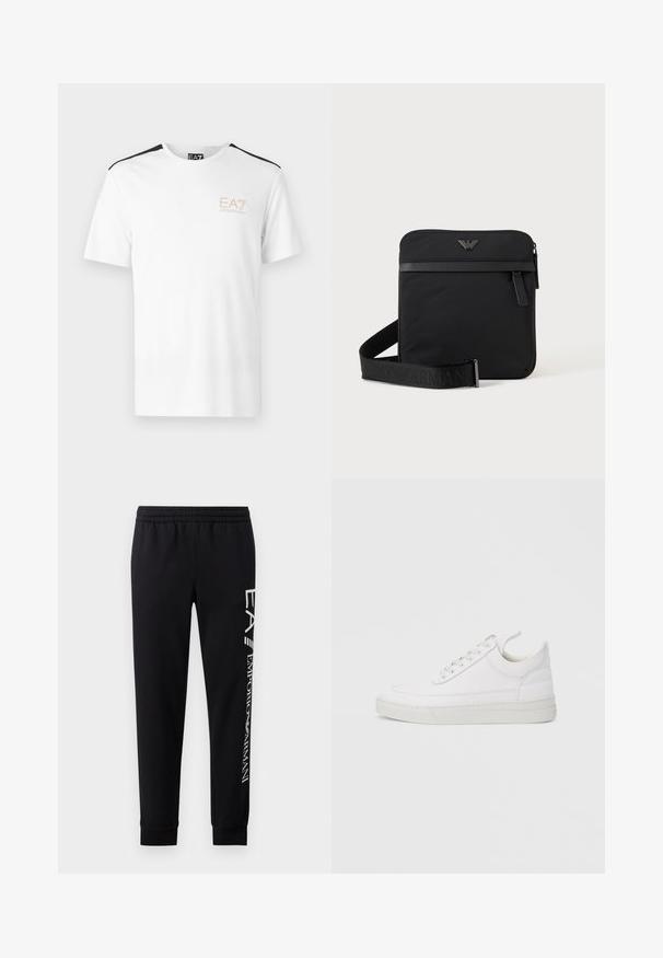 T-shirt blanc à manches courtes avec des accents noirs sur les épaules et le logo EA7 en beige clair sur la poitrine gauche. Matière en coton.; Pantalons de survêtement noirs en mélange de coton, dotés d'une taille élastique, de jambes fuselées, de poignets côtelés et d'un imprimé logo blanc sur le côté.; Baskets en cuir blanc avec un embout arrondi, une semelle plate et un laçage à l'avant. Présentent des détails de couture et un col rembourré pour plus de confort.; Sac bandoulière carré noir avec fermeture éclair, poche avant et sangle réglable avec nom de marque embossé.