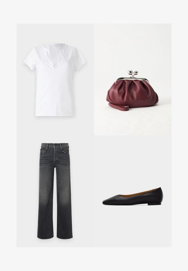 T-shirt en coton blanc à manches courtes, coupe décontractée et décolleté en V, avec un plastron orné de cinq boutons décoratifs.; Jeans à jambes larges en denim gris foncé, avec un effet dégradé subtil. Design classique à cinq poches avec passants de ceinture et coutures visibles.; Chaussure plate en cuir noir à bout pointu avec talon bas et finition lisse, vue de côté sur un fond gris clair.; Petit sac pochette en cuir bordeaux avec fermoir métallique argenté et bracelet sur fond blanc.