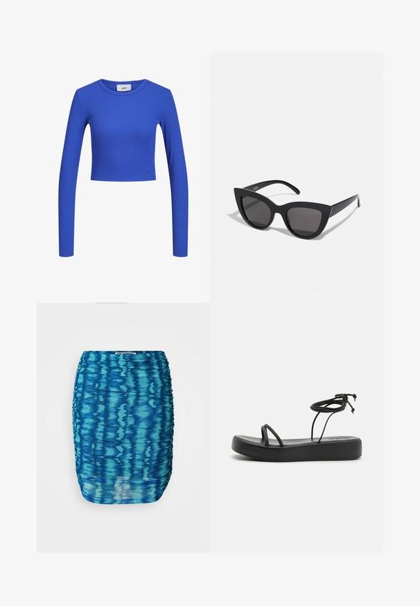 Top corto de canalé de manga larga azul con cuello redondo. Textura suave y diseño ajustado, con un patrón sutil en toda la prenda. Etiqueta de la marca visible.; Falda fruncida en patrón azul degradado, hecha de tela elástica. Presenta una forma clásica de lápiz y una superficie texturizada.; Sandalias planas negras con suela ancha, tiras delgadas y un lazo ajustable en el tobillo. Textura suave con un diseño minimalista.; Gafas de sol negras en forma de ojo de gato con un acabado mate, que presentan lentes ahumados grises, ángulos pronunciados y brazos laterales elegantes. Nombre de la marca visible en el interior del brazo.