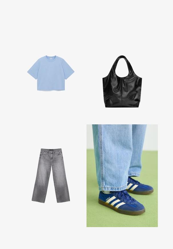 T-shirt surdimensionné bleu clair en coton doux, avec un col rond et des manches courtes, doté d'un ourlet droit.; Jean en denim gris à jambes larges avec poches avant, passants de ceinture et fermeture à boutons, présenté à plat sur fond blanc.; Baskets en daim bleu avec des rayures blanches et des motifs texturés, portées avec un pantalon en denim bleu clair, sur fond vert.; Sac fourre-tout en cuir noir avec une texture lisse, un haut arrondi doux et de larges poignées. Présente une couture minimale et une silhouette décontractée.