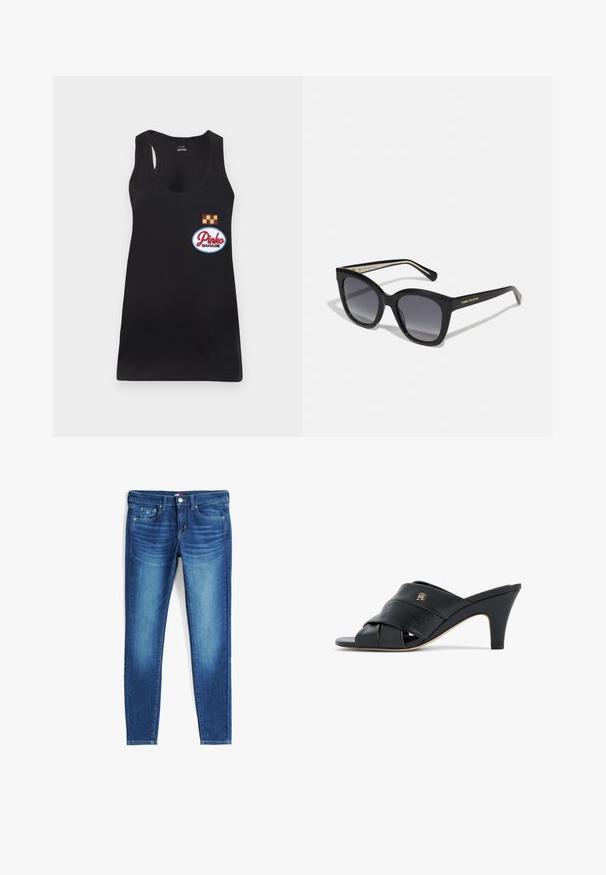 Schwarzes Tanktop mit rundem Ausschnitt, ausgestattet mit einem gestickten "Pinko Garage"-Patch und einem gelben und kastanienbraunen karierten Abzeichen.; Skinny Jeans aus mittelblauem Denim, mit klassischen fünf Taschen, dezenten Used-Effekten und einem Knopfverschluss mit Reißverschluss.; Schwarzer, offener Leder-Pantolette mit Absatz, gekreuzten Riemen und kleinem metallischem Logo an der Seite, mittelhoher, verjüngter Absatz, beige Sohle.; Schwarze übergroße quadratische Sonnenbrille mit verlaufenden, dunklen Gläsern und goldenem "Tommy Hilfiger"-Logo auf den Bügeln.