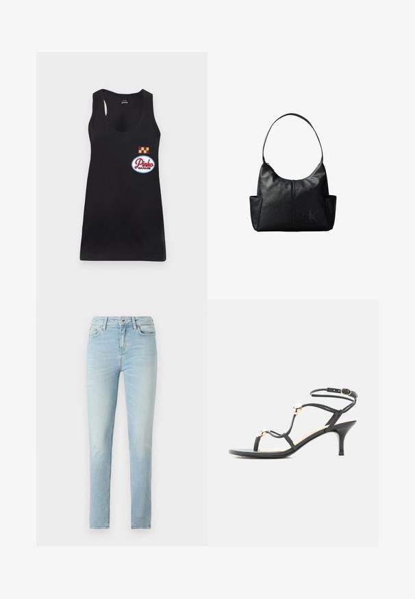 Schwarzes Tanktop mit rundem Ausschnitt, ausgestattet mit einem gestickten "Pinko Garage"-Patch und einem gelben und kastanienbraunen karierten Abzeichen.; Hellblaue Skinny Jeans mit einer ausgewaschenen Waschung, Fünf-Taschen-Design, Reißverschluss und Knopfverschluss sowie einem leichten Stretchanteil für mehr Komfort.; Schwarze Riemchensandale mit mittelhohem Absatz, goldenen Akzentperlen und einem Knöchelriemen mit Schnalle auf weißem Hintergrund.; Schwarze Leder-Umhängetasche mit einem einzelnen Schulterriemen, Seitentaschen und einem dezent geprägten Calvin Klein-Logo vorne unten rechts.