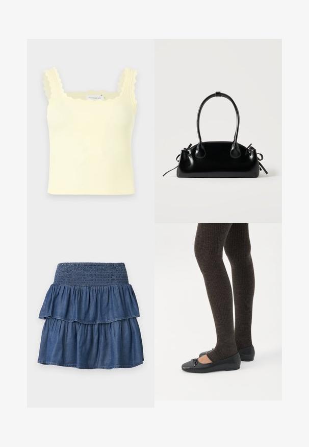 Crop top côtelé jaune clair avec bords festonnés aux bretelles et à l'encolure, modèle sans manches.; Jupe en jean bleue à volants avec une large ceinture smockée et deux couches froncées sur un fond uni.; Jambes portant des leggings côtelés foncés associés à des ballerines noires avec de petits détails en nœud sur fond blanc.; Petit sac à main noir brillant avec deux longues anses et des détails à cordon sur les côtés sur un fond clair uni.