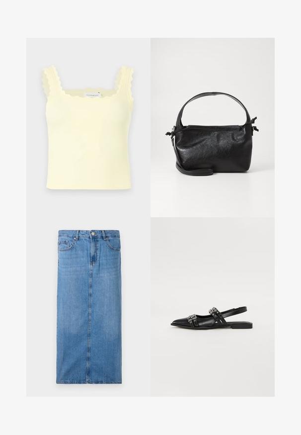 Crop top côtelé jaune clair avec bords festonnés aux bretelles et à l'encolure, modèle sans manches.; Jupe midi en denim bleu clair, avec une silhouette droite, une couture frontale, et une taille standard avec cinq passants de ceinture et une fermeture à bouton en métal.; Even&Odd by Zalando Ballerines à brides arrière - black; Sac à main en cuir noir au design structuré, avec une poignée arrondie et une bandoulière amovible. Présente une texture lisse et un éclat subtil.