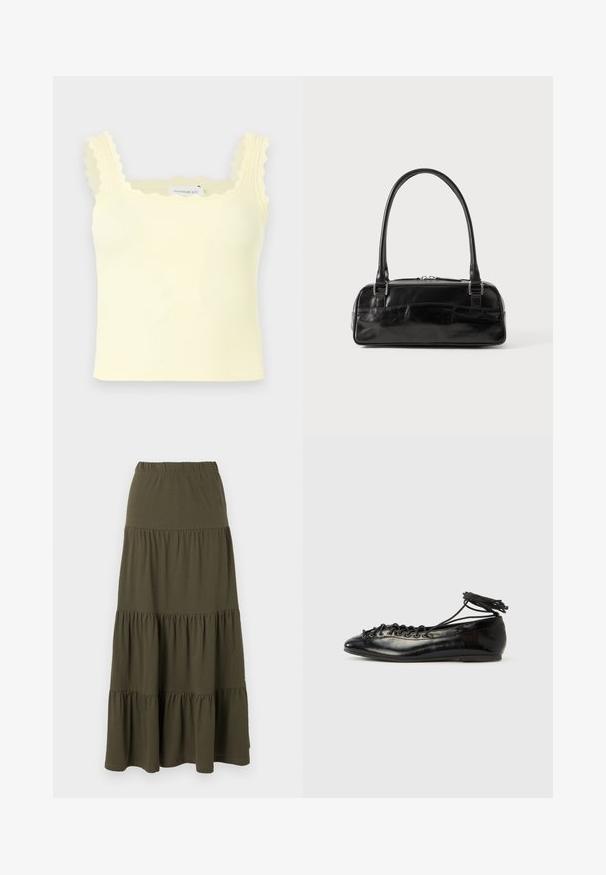 Crop top côtelé jaune clair avec bords festonnés aux bretelles et à l'encolure, modèle sans manches.; Jupe maxi verte olive à volants avec taille élastique et panneaux de tissu froncés.; Ballerines en cuir verni noir avec un bout rond, un design à lacets et une semelle plate. Texture lisse avec peu de détails.; Sac à main en cuir noir de forme rectangulaire, doté d'une seule ansse structurée, de quincaillerie argentée et d'une fermeture éclair. Texture lisse.
