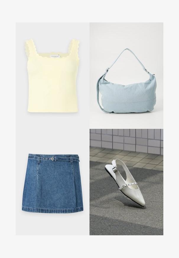 Crop top côtelé jaune clair avec bords festonnés aux bretelles et à l'encolure, modèle sans manches.; Mini-jupe en denim bleu avec ourlet cousu et fine ceinture assortie avec boucle argentée, posée à plat sur un fond clair.; Chaussure plate slingback blanche pointue avec deux boucles argentées, présentée en extérieur sur un sol texturé et un mur carrelé en arrière-plan.; Sac à dos en denim bleu clair de forme arrondie, avec une bandoulière ajustable et un subtil détail de couture le long du bas. Texture douce.
