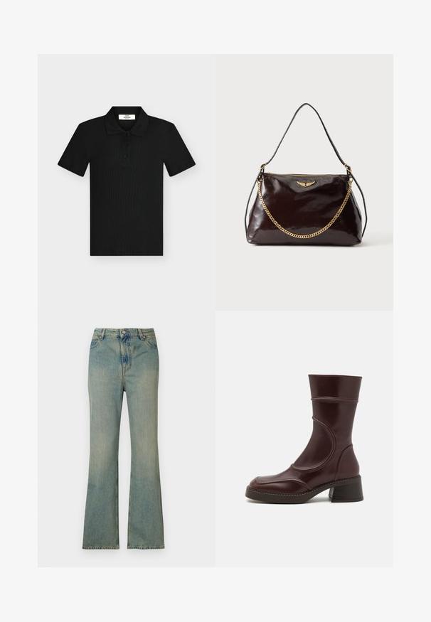 Polo noir à manches courtes avec trois boutons et un col souple, tissu texturé, présenté à plat sur un fond clair.; Jean flare en denim bleu clair à taille haute, cinq poches et fermeture éclair. Fini propre et décoloré avec des détails de couture subtils.; MIISTA MALENE - Bottines - brown; Sac à main en cuir brillant marron foncé avec un emblème en forme d'aile dorée, détail de chaîne dorée et une fine bandoulière en cuir sur un fond uni.