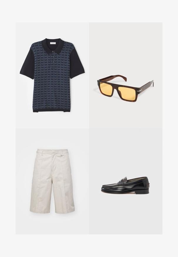 Navyblauwe polo met een geometrisch patroon in verschillende tinten blauw, korte mouwen en een klassieke kraag met knoopdetails aan de voorkant.; Beige katoenen shorts met een rechte snit, knie-lang, met twee voorzakken en subtiele plooien voor extra textuur.; Zwarte leren loafers met een mocassin-stijl ontwerp, voorzien van een decoratieve band en stiksel detail op het bovenwerk. Lage blokhak.; Rechthoekige zonnebril met schildpaddessin, brede monturen en geel getinte glazen op een witte achtergrond.
