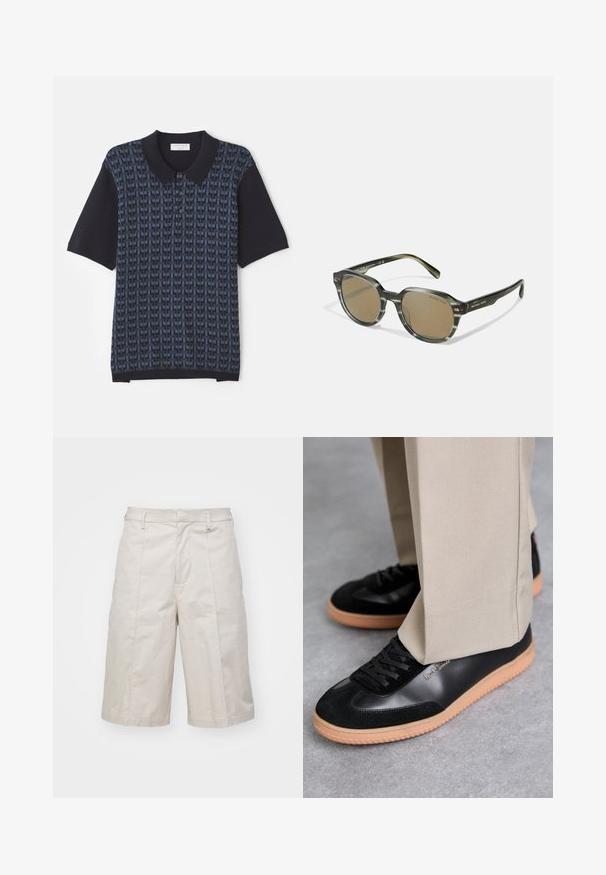 Marineblå polo skjorte med et geometrisk mønster i varierende nuancer af blå, korte ærmer og en klassisk krave med knaplukning.; Beige bomuldsshorts med lige snit, knælange, med to forlommer og subtile folder for ekstra tekstur.; Paul Smith COMO - Sneakers - black; Runde solbriller med en grågrøn marmoracetatramme, brune linser og hardware i guldtoner, der har brandnavnet på siderne.