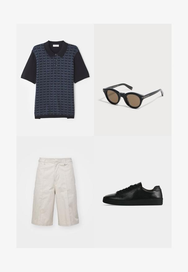 Marineblå polo skjorte med et geometrisk mønster i varierende nuancer af blå, korte ærmer og en klassisk krave med knaplukning.; Beige bomuldsshorts med lige snit, knælange, med to forlommer og subtile folder for ekstra tekstur.; Sort lavtop lædersneaker med sorte snørebånd og en tyk sort sål, vist fra siden på en lysegrå baggrund.; Sorte runde solbriller med tykke stel og brune linser, placeret på en hvid overflade med en let vinkel mod højre.