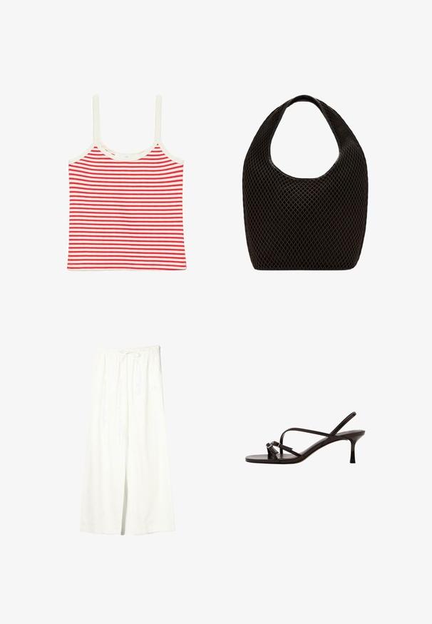 Crop top sans manches rayé horizontalement rouge et blanc avec fines bretelles et encolure arrondie.; Pantalon en lin blanc à jambes larges avec taille élastique et cordon de serrage, doté de poches latérales et d'une fente à l'avant.; Sandale noire en cuir à talon haut avec fines lanières, bout ouvert et talon slingback, présentée sur fond blanc.; Sac cabas noir en maille à tissage ouvert avec poignée supérieure arrondie et corps large et incurvé.