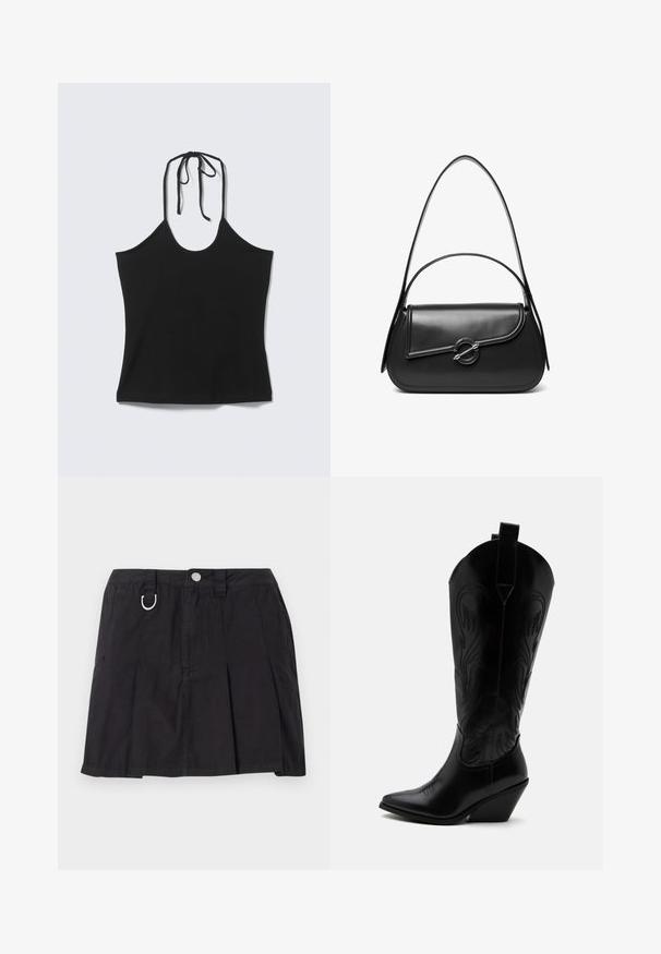 Top noir sans manches à col licou avec fines bretelles nouées derrière le cou, ajusté au niveau du torse, présenté sur un fond clair uni.; Jupe plissée noire en coton, avec une fermeture à boutons sur le devant, des passants de ceinture et un accent en D-ring sur la taille.; Botte de cowboy en cuir noir avec bout pointu, talon bloc incliné, couture décorative et languettes en haut sur fond blanc.; Sac à bandoulière en cuir noir avec un rabat incurvé fermé par un fermoir métallique rond et une sangle fine et ajustable.