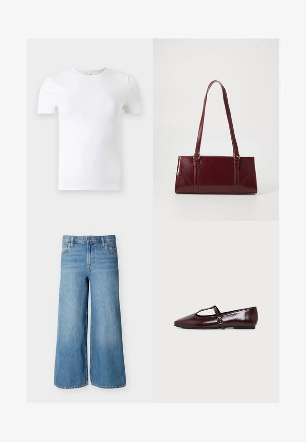 T-shirt blanc uni à manches courtes et col rond présenté sur un fond gris clair.; Jean en denim bleu clair à jambes larges avec bouton frontal, fermeture éclair, passants pour ceinture et poches, présenté sur un fond uni.; Chaussure plate en cuir bordeaux foncé avec un bout pointu et une fine bride en T avec une boucle argentée sur fond blanc.; Sac à main bordeaux en matériau brillant, de forme rectangulaire, avec deux anses et des accents légèrement courbés à l'avant.