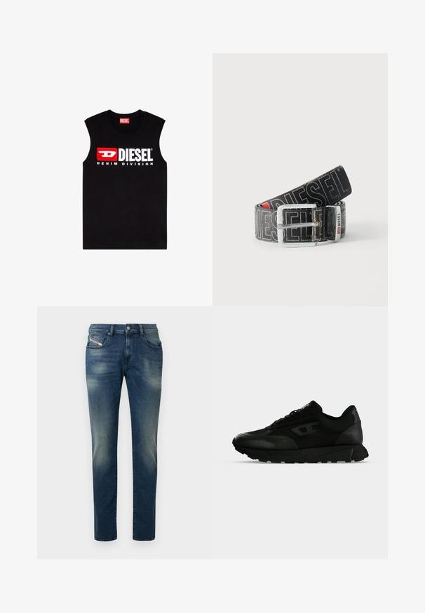 T-shirt noir sans manches en coton, arborant un logo "DIESEL" blanc prominent et une boîte d'accent rouge, avec "DENIM DIVISION" en dessous.; Jean en denim bleu foncé avec un effet délavé, coupe droite et genou légèrement usé. Comprend des poches avant et une fermeture par bouton en métal.; Baskets basses noires avec cuir texturé et panneaux en tissu, fermeture lacets et semelle épaisse en caoutchouc sur un fond clair uni.; Ceinture noire Diesel avec grand texte logo blanc, boucle rectangulaire en argent, et détail de boucle métallique brandée, enroulée sur un fond clair.